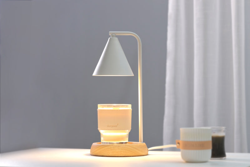 Minimalistic Candle Warmer Lamp with Wood Base - White