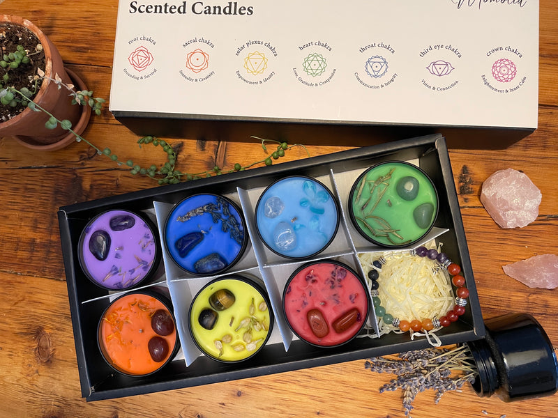 Essential Oil Chakra Crystal Candle Set with Crystals Bracelet
