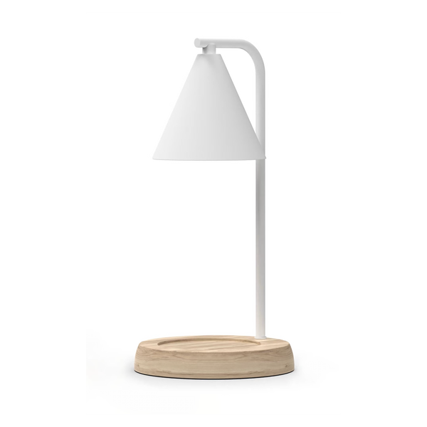 Minimalistic Candle Warmer Lamp with Wood Base - White
